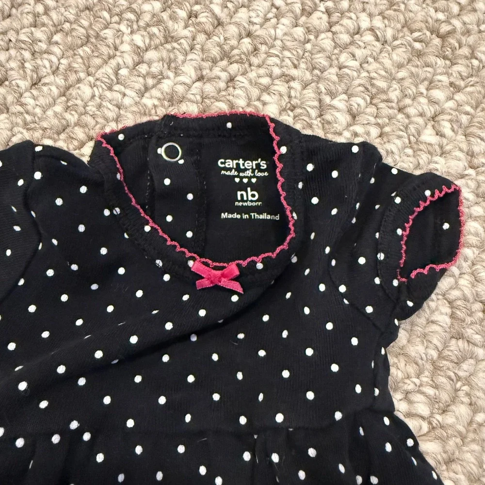 Carters‎ Newborn Black White Polka Dot Dress Bodysuit Pink Trim Bow Size Newborn